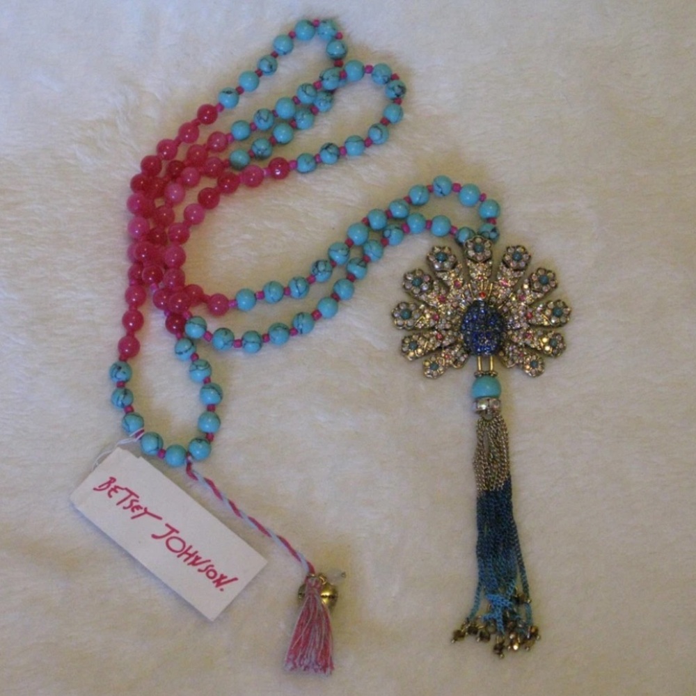 Betsey Johnson 'Peacock Tassel' Necklace Turquoise & Crystal NWT Beautiful